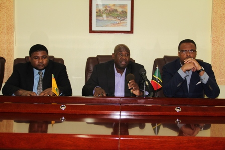 (L-R) Junior Minister responsible for Renewable Energy and Environment Hon. Troy Liburd, Senior Minister responsible for Renewable Energy and Environment Hon. Alexis Jeffers and Acting Premier of Nevis Hon. Mark Brantley at a press conference held at the Ministry of Finance conference room on November 21, 2013, to announce the successful bidder who would move forward with Nevis geothermal energy development